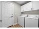 Functional laundry room featuring modern appliances, wood flooring, white walls, and storage cabinets at 5104 Elm Grove Dr, Las Vegas, NV 89130