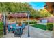 Serene backyard featuring a covered patio with seating, a fire pit, and a jacuzzi tub at 5741 Shadow Bend Dr, Las Vegas, NV 89135