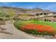 Beautiful landscaping with vibrant flowers and manicured bushes that surrounds the home and walkway at 5741 Shadow Bend Dr, Las Vegas, NV 89135