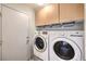 Laundry room with modern washer and dryer units with storage above at 7267 Sequoia Springs Dr, Las Vegas, NV 89147