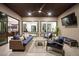 Relaxing outdoor space with comfortable seating, ceiling fan, and seamless transition to indoor kitchen at 803 Bolide St, Las Vegas, NV 89138