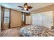 Well-lit bedroom showcasing a ceiling fan, two windows with curtains, and a large closet at 2783 Cherrydale Falls Dr, Henderson, NV 89052