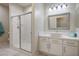 Modern bathroom with a glass-enclosed shower, white vanity, and a vessel sink at 4980 Black Bear Rd # 104, Las Vegas, NV 89149