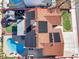 An aerial shot of a home with a backyard swimming pool, patio, and solar panels on the roof at 5200 Valley Glen St, Las Vegas, NV 89119