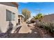 View of the cozy backyard featuring desert landscaping, a covered patio area, and a privacy wall at 2137 Hidden Ranch Ter, Henderson, NV 89052