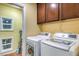 Bright laundry room features a modern washer and dryer with upper cabinets for storage at 4095 Ridgewood Ave, Las Vegas, NV 89120