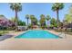Beautiful community pool area with tall palm trees and lounge chairs at 8452 Boseck Dr # 110, Las Vegas, NV 89145