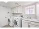 A well-lit laundry room with washer, dryer, a utility sink, and storage cabinets at 2340 Hunt Club St, Las Vegas, NV 89128