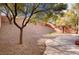 The spacious backyard features low-maintenance landscaping, a stone-covered slope, mature trees, and a concrete patio at 85 Alerion St, Las Vegas, NV 89138