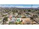 Wide aerial view of neighborhood homes with pools and mature trees, featuring mountains in background at 2711 Ashby Ave, Las Vegas, NV 89102