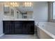 Spacious bathroom features dark cabinets, double sinks, soaking tub, and tile flooring at 3026 Coveri Ct, Las Vegas, NV 89141