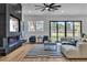 Cozy living room with modern fireplace, large windows and sliding glass doors providing lots of natural light at 5209 Rim View Ln, Las Vegas, NV 89130