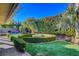 Beautiful backyard with a rounded fireplace, manicured hedges, palm trees, and lush green lawn at 6156 Twilight Cove Cir, Las Vegas, NV 89131