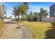 Sprawling backyard with mature palms, lush green grass, and paved walkway at 2301 W El Camino Ave, Las Vegas, NV 89102