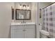 Stylish bathroom featuring a modern vanity with a white countertop and a decorative patterned shower curtain at 3021 Scenic Valley Way, Henderson, NV 89052