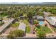 A bird's-eye view of the property, with mature trees, a swimming pool, and lush landscaping in a quiet neighborhood at 3585 Tobias Ln, Las Vegas, NV 89120