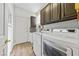 Well-organized laundry room with modern washer and dryer, overhead cabinets, and neutral color palette at 4557 Bersaglio St, Las Vegas, NV 89135