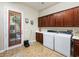 Bright laundry room includes front load washer/dryer, stylish cabinetry, and access to the backyard at 11504 White Cliffs Ave, Las Vegas, NV 89138
