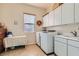 Functional laundry room with updated washer and dryer, sink, and storage cabinets at 2345 Gondi Castle Ave, Henderson, NV 89044