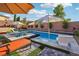 Beautiful backyard pool with lounge seating, umbrellas, spa, and manicured landscaping, perfect for outdoor entertaining at 2809 Proust Ct, Henderson, NV 89044