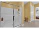 Bright bathroom featuring a glass-enclosed shower with a white base and chrome fixtures at 5095 E Long Leaf Ct, Pahrump, NV 89061