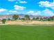 Scenic view of a lush green lawn framed by trees and majestic mountains, perfect for outdoor activities at 5095 E Long Leaf Ct, Pahrump, NV 89061