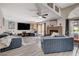 Spacious living room featuring a brick fireplace, large television and access to the pool at 2813 Via Avanti St, Henderson, NV 89074