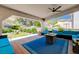 Covered patio with cozy blue seating, perfect for outdoor relaxation and entertainment, overlooking a well-maintained backyard at 2813 Via Avanti St, Henderson, NV 89074