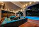 Inviting backyard patio with blue cushioned seating, outdoor lights, and a sparkling pool at 2813 Via Avanti St, Henderson, NV 89074