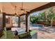 Relaxing outdoor patio with comfortable seating overlooking a private pool and lush landscaping at 1859 Woodhaven Dr, Henderson, NV 89074