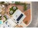 An aerial view of a backyard featuring artificial grass, hardscape, solar panels, and mature landscaping at 4690 San Benito St, Las Vegas, NV 89121