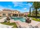 Stunning backyard pool featuring a swim-up bar, stone accents, built-in fire bowls, and a covered patio area at 5872 Revital Ct, Las Vegas, NV 89131