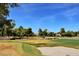 Picturesque view of the lush golf course with a water hazard surrounded by mature trees at 945 Vegas Valley Dr, Las Vegas, NV 89109