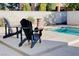 Relax on the patio by the pool, featuring lounge chairs, a decorative urn, and a tidy brick wall surround at 945 Vegas Valley Dr, Las Vegas, NV 89109