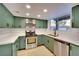 Updated kitchen featuring modern green cabinets, stainless steel appliances, and quartz countertops at 163 Spinnaker Dr, Henderson, NV 89015