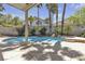 An inviting pool with rock features, surrounded by lush landscaping and privacy walls at 3047 Whispering Crest Dr, Henderson, NV 89052