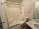 Bathroom with shower, toilet, sink and sailboat mural on wall at 519 Fir St # G, Boulder City, NV 89005