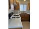 Galley kitchen featuring light wood cabinets, white countertop, and stainless steel double basin sink at 5564 Ness Ave, Las Vegas, NV 89118