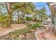 Expansive backyard featuring mature trees, gravel landscaping, and a stone walkway at 3710 E Oquendo Rd, Las Vegas, NV 89120