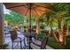 Charming backyard featuring a dining area, and mature palm trees, perfect for relaxation at 7889 Harbour Towne Ave, Las Vegas, NV 89113