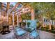 Cozy outdoor patio with comfortable seating, a grill, and lush greenery at 7889 Harbour Towne Ave, Las Vegas, NV 89113