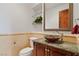Stylish powder room features unique vessel sink, decorative mirror, and custom stone backsplash at 10 Greely Club Trl, Henderson, NV 89052