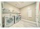 Functional laundry room with modern appliances, storage shelves, and light gray wood-look floors at 4680 Peppertree St, Pahrump, NV 89061