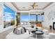 Spacious living room featuring a bar area, large windows, and city views at 1484 Macdonald Ranch Dr, Henderson, NV 89012