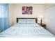 Cozy bedroom featuring a comfortable bed with light blue bedding and a decorative wall art piece at 301 Falcon Ln, Las Vegas, NV 89107