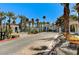 View of the gated community entrance with desert landscaping and palm trees on a sunny day at 280 Pear Meadow St, Henderson, NV 89012