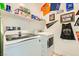 Bright laundry room featuring modern washer and dryer, storage shelving, and fan decor at 7308 N Decatur Blvd # 1, Las Vegas, NV 89131