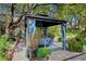 Backyard gazebo features a dining set, blue and white curtains, and paver flooring at 2236 Midvale Ter, Henderson, NV 89074