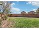 Fenced backyard with lawn, landscaping, and a lattice-topped wall at 145 Blue Trout Ave, Henderson, NV 89011