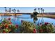 Picturesque bridge over a pond with red roses and palm trees, offering serene community views at 52 Via Paradiso St, Henderson, NV 89011